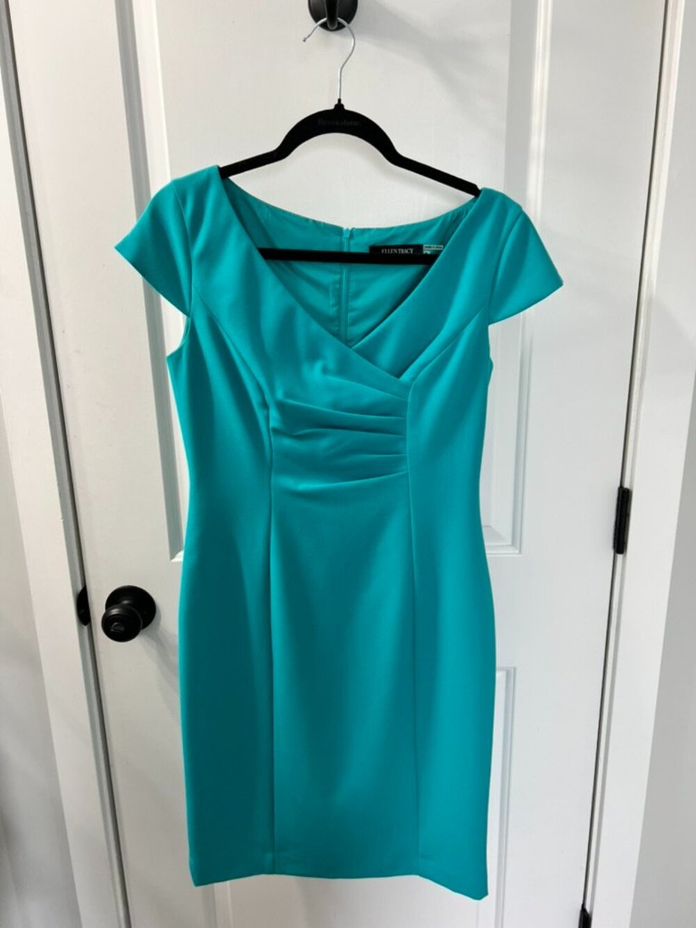 Ellen Tracy Turquoise Sheath Dress Size 6 Ruched Bodice Career Cocktail
